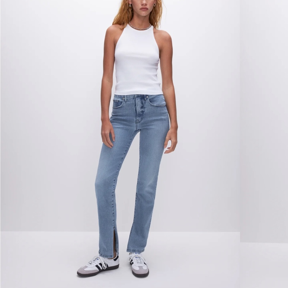 Good American Light Blue Straight Leg Jeans with Front Hem Slit